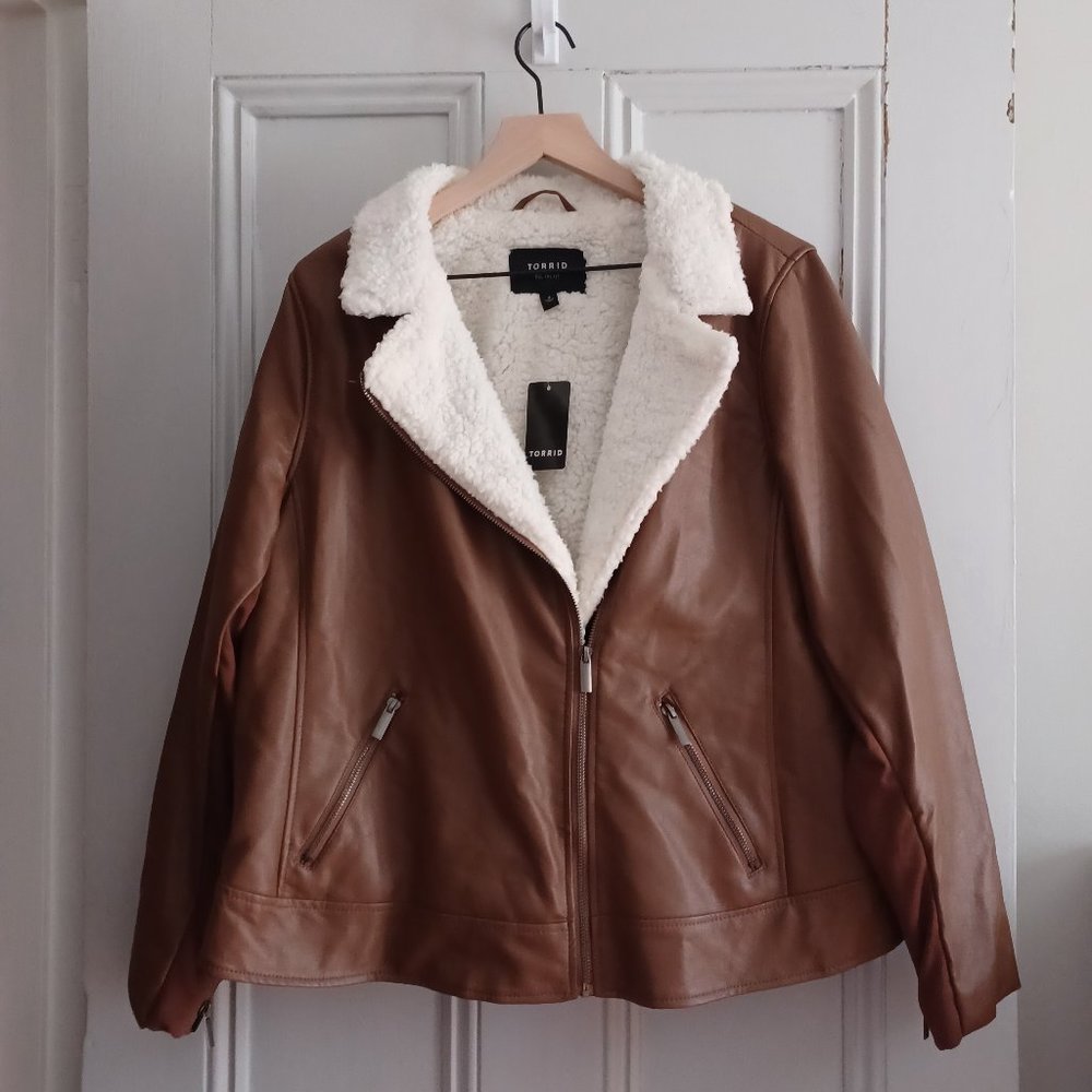 NWT Torrid Faux Leather Sherpa Lined Moto Jacket Brown Size 2X